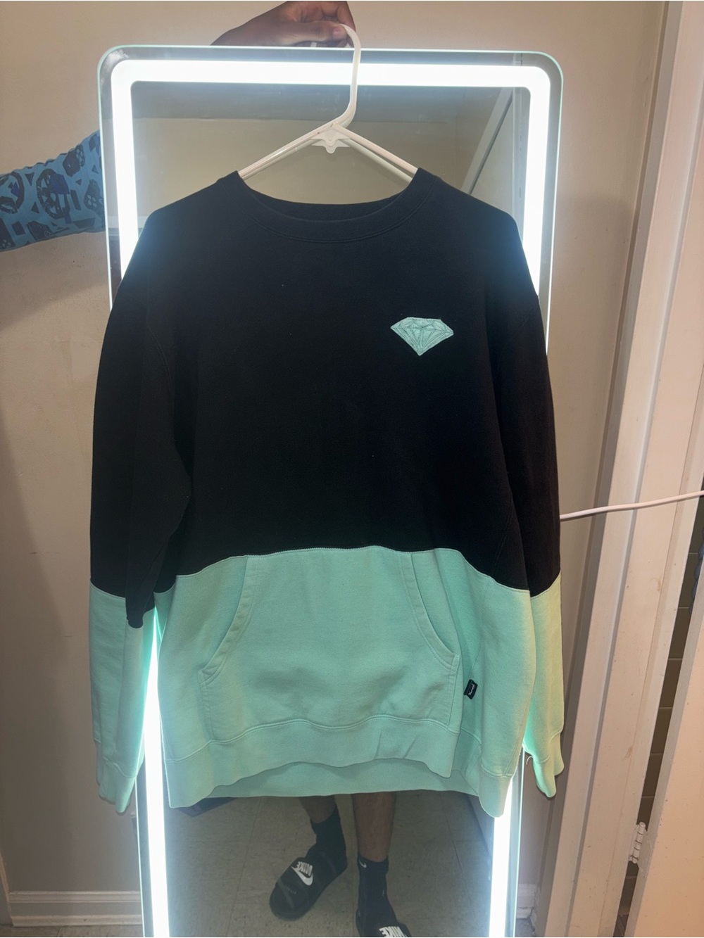 Men's Black and Mint Colorblock Crewneck Sweater